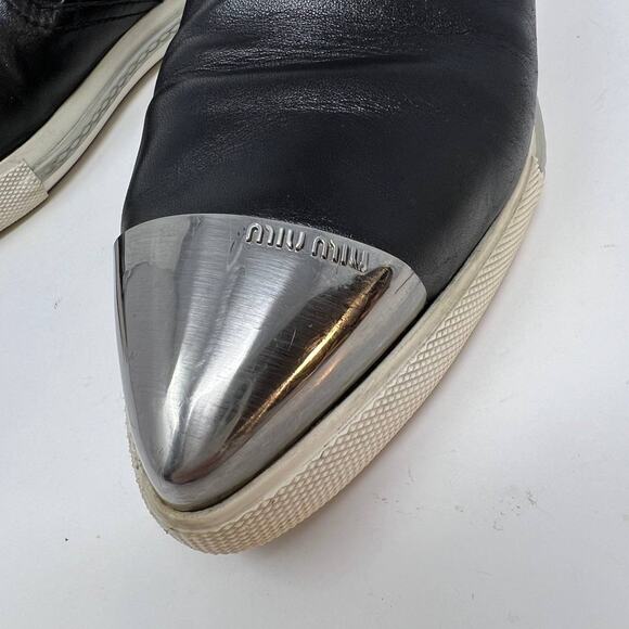 Miu Miu Loafers Women's 38.5 Black Leather Silver Toe Cap Slip On Luxury Shoes - Picture 2 of 16